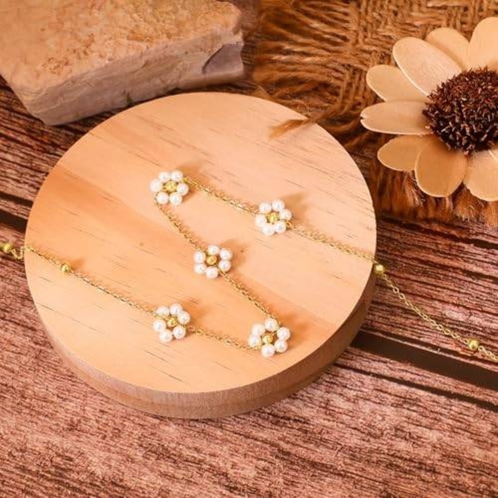 Gold Daisy Flower Pearl Bead Dainty Chain‎ Necklace Cottagecore Floral Jewelry